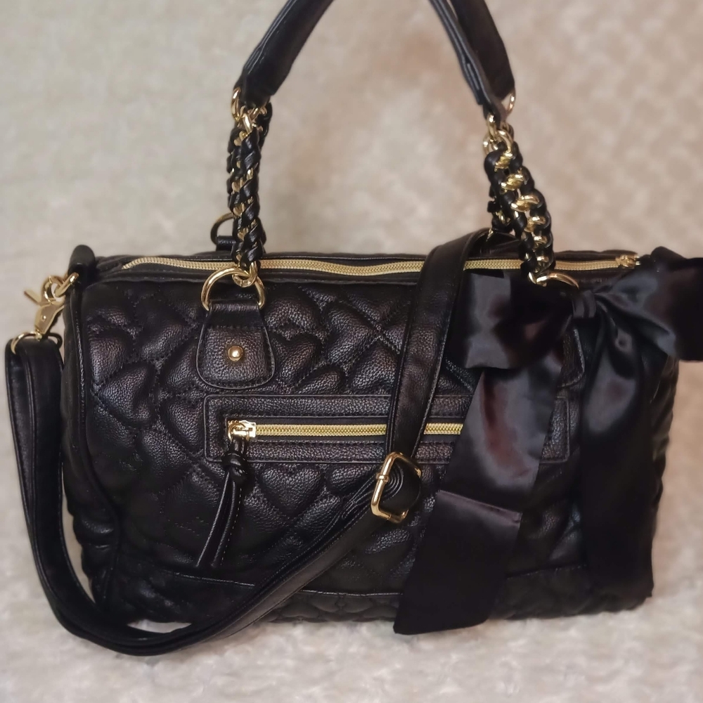 Betsey Johnson Black Quilted Love Satchel / Handbag Faux Leather Zip Top  Large